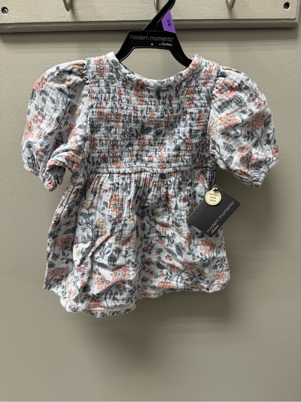 Gerber White Floral Smocked Puff Sleeve Dress with‎ Pink and Gray Flowers